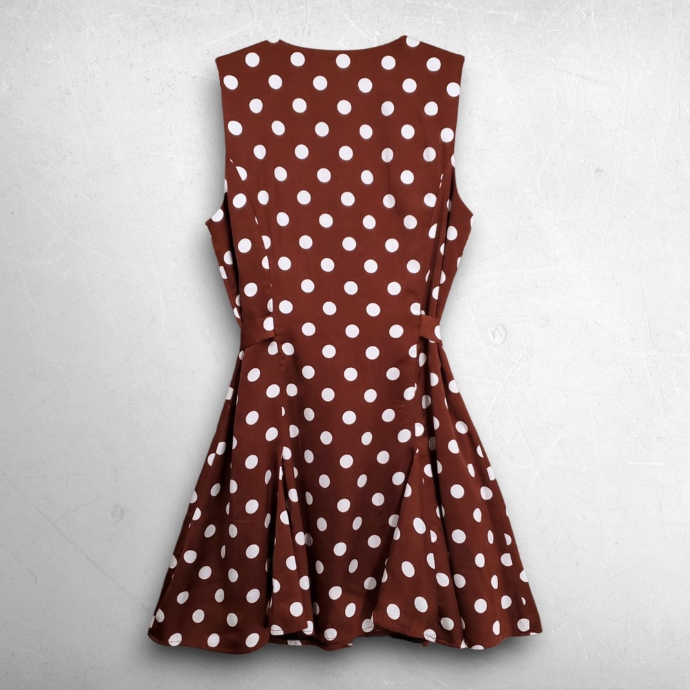 WAYF Polka Dot V-Neck Button Mini Dress Women M Brown Retro Chic Cottagecore